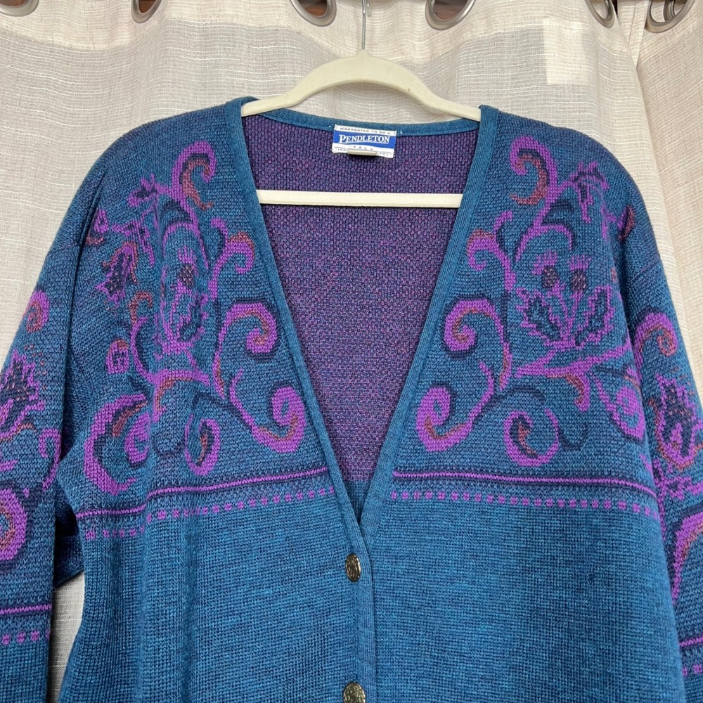 Vintage‎ Pendleton Wool Cardigan Sweater Paisley Scroll Metal Buttons Large Tall - Picture 3 of 10